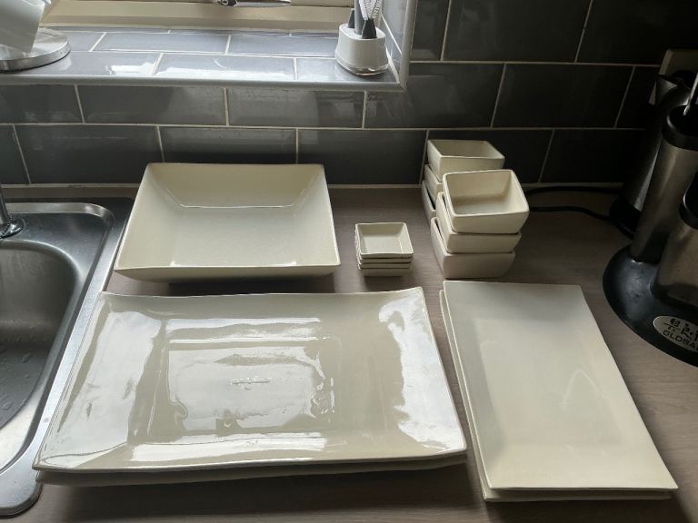 Cream Ceramic Dinnerware Set - Plates and Bowls, Good Condition