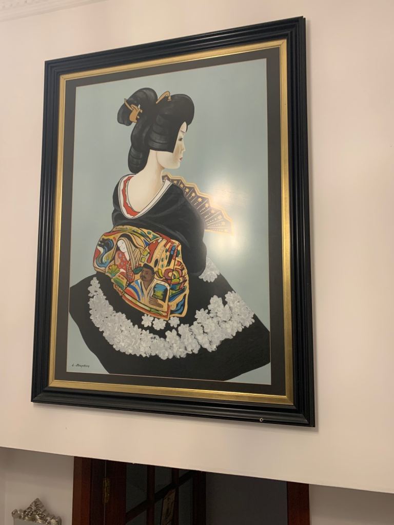 Large Framed Japanese Geisha Painting – Black Frame, Good Condition