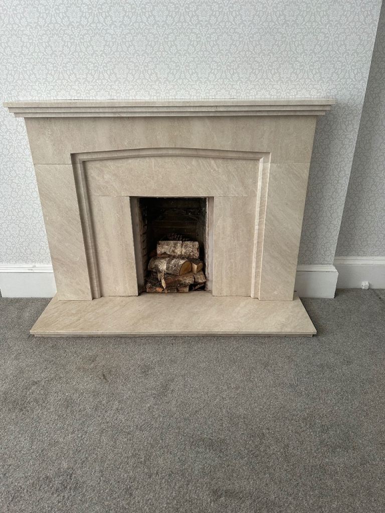 Beige Stone Fireplace Surround with Hearth – Good Condition