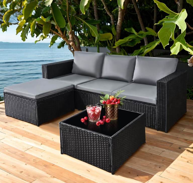 Black Rattan Corner Sofa Set with Coffee Table – As Good As New
