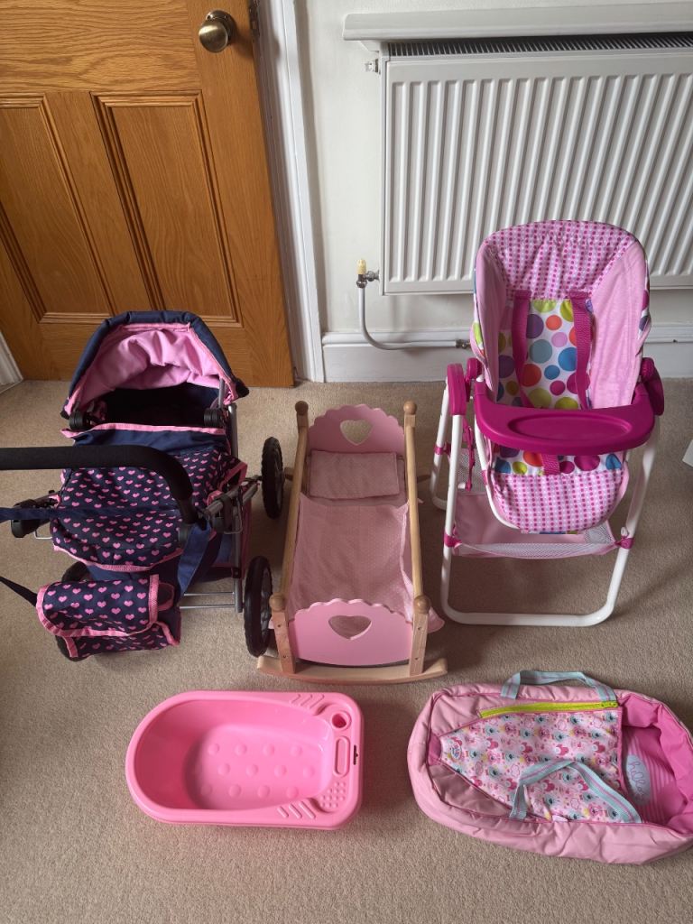 Dolls pram, high chair, cot, carrier and bath bundle 