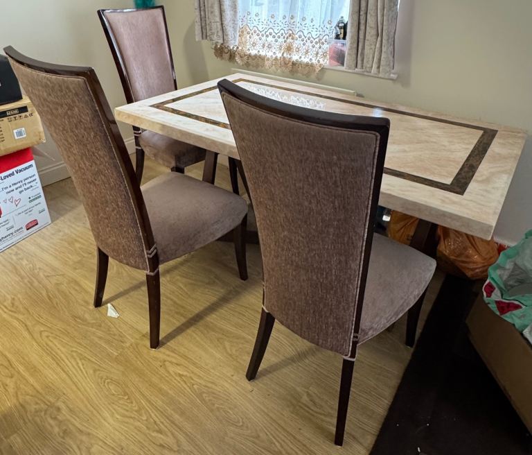 Dining Table and 4 Chairs Set – Marble Effect Top, Good Condition