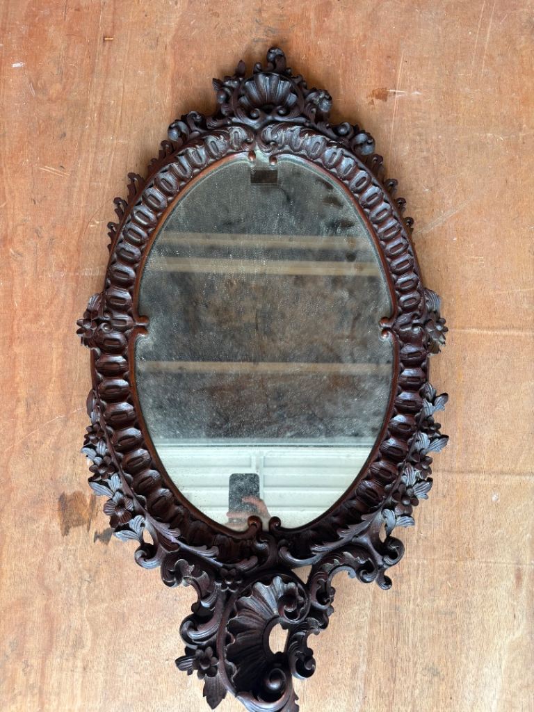 antique Louis XIV style carved mahogany oval wall mirror