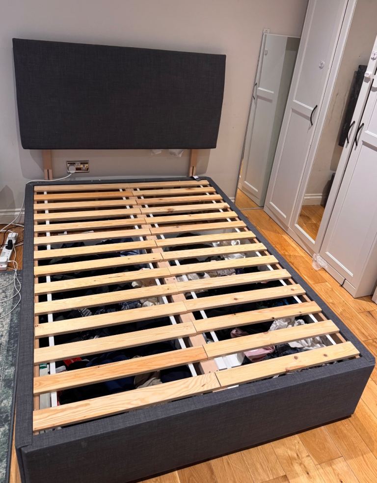 Double Bed Frame with Headboard – Grey Fabric, Good Condition