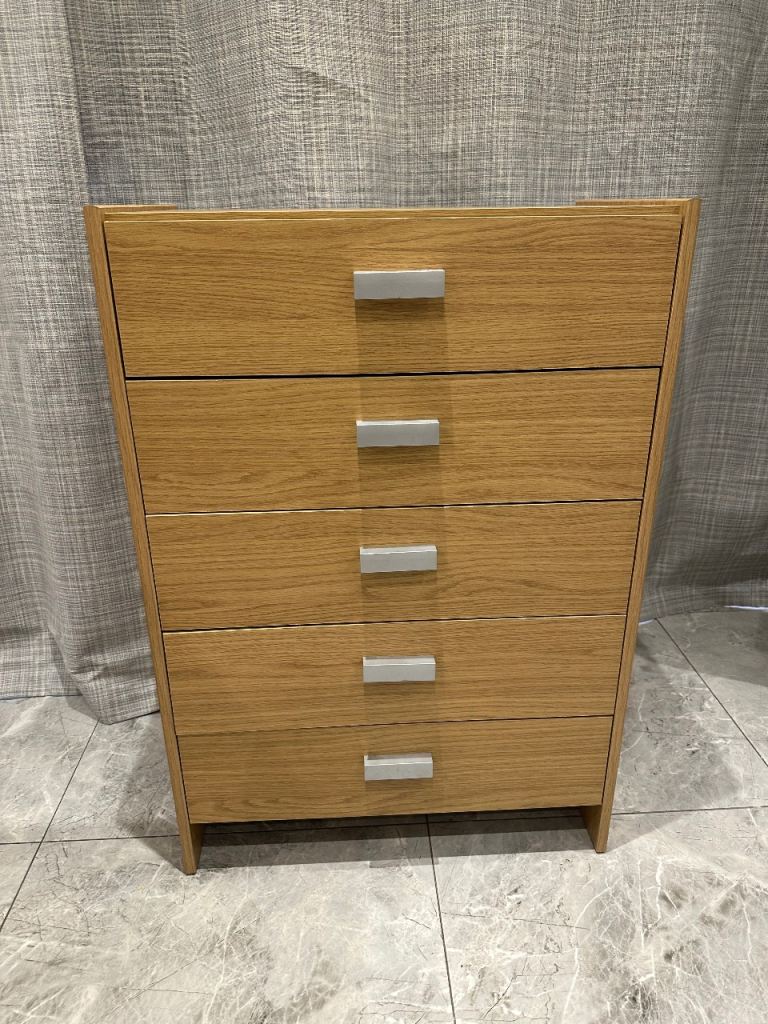 Narrow 5 Drawer Tallboy Chest of Drawers Oak Effect 63x40x91cm 