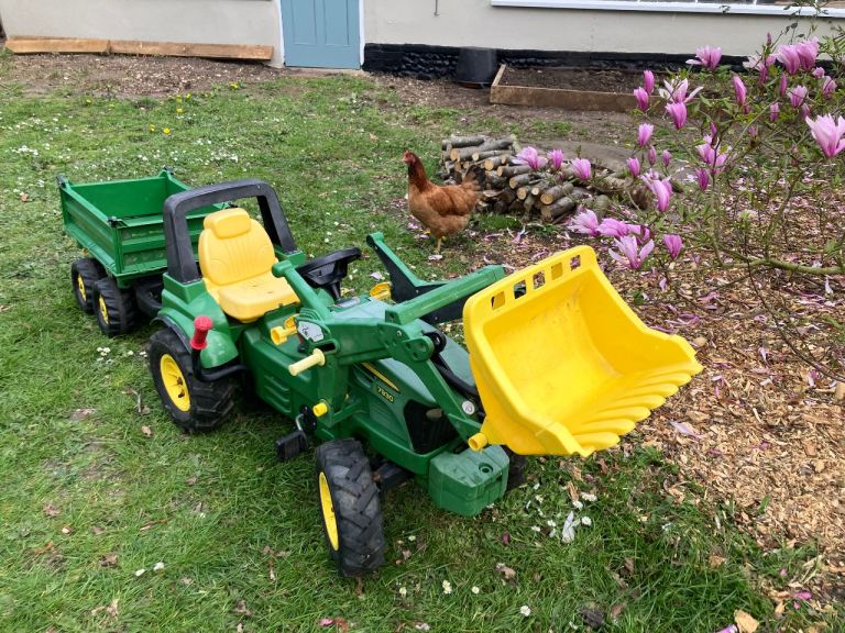 John Deere 7930 pedal tractor with front loader,3-way tipping trailer and rear excavator with seat