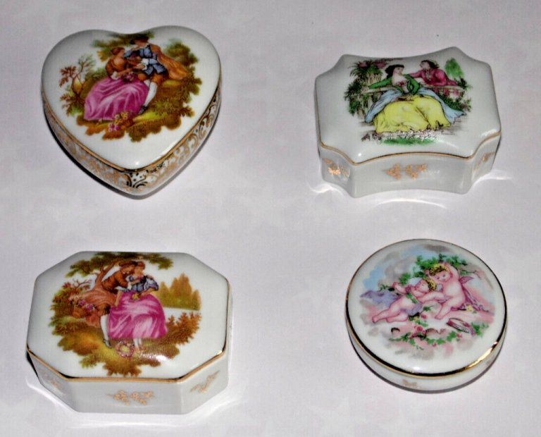 4 x VINTAGE PORCELAIN LIMOGES DIAMOND WHITE 24k GOLD HAND PAINTED FRENCH TRINKET