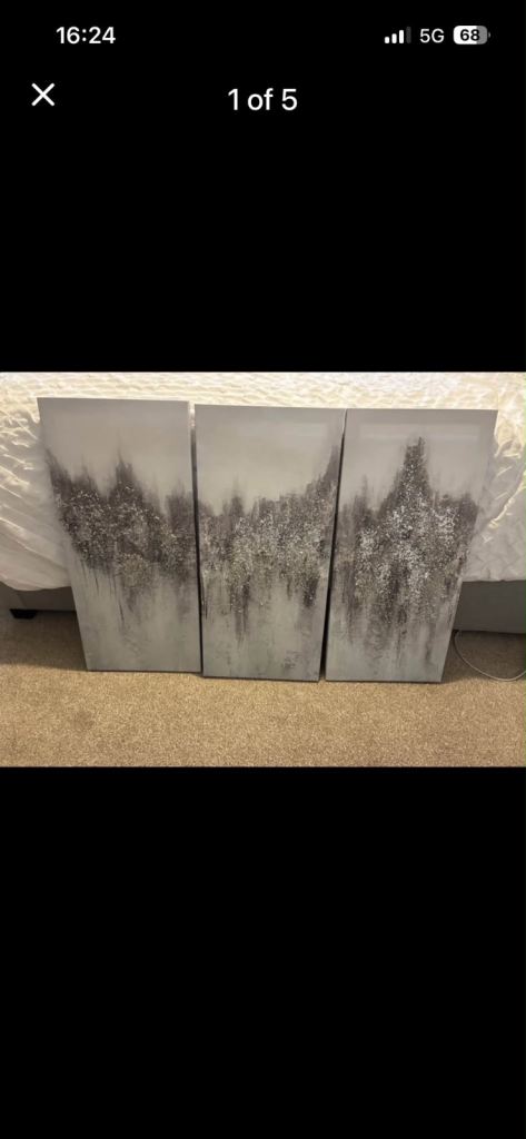 Set of 3 Abstract Silver Grey Canvas Paintings – As Good As New