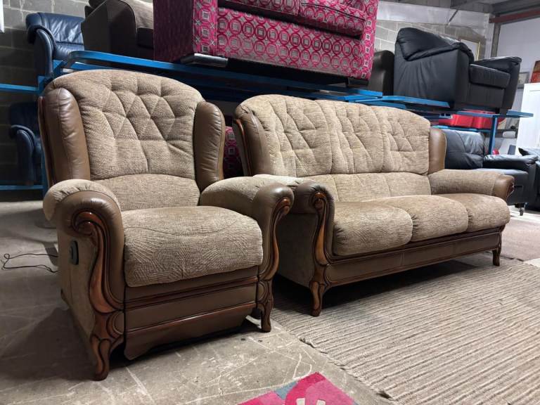 image for Brown Fabric 3 Seater Sofa and ELECTRIC RECLINER Chair 