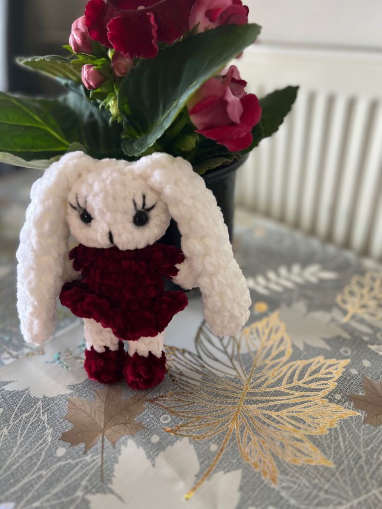 Soft bunny, crochet white and burgundy colour 
