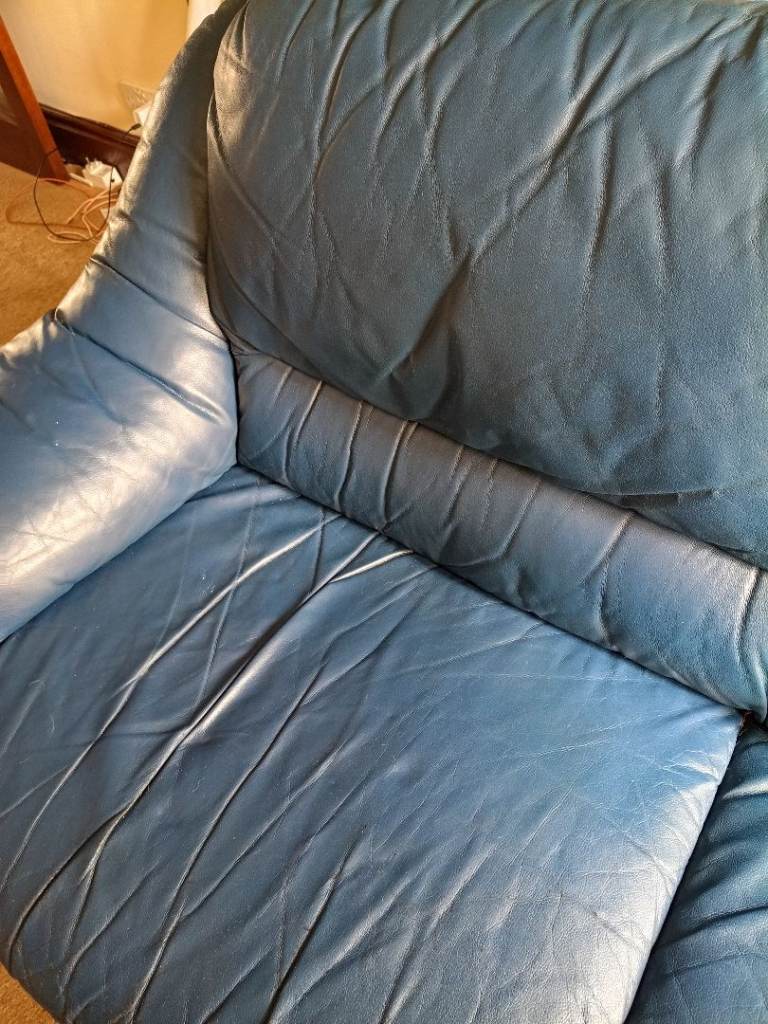 Free Blue Leather Sofa – Fair Condition, Comfortable Seating
