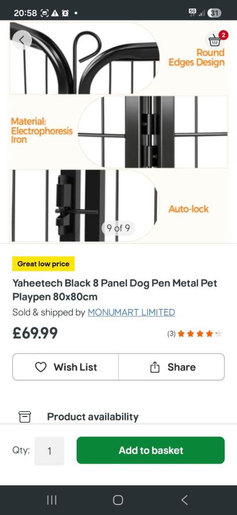 NEW Large Dog Playpen 8 Panel Metal Pet Cage 80cm x 80cm