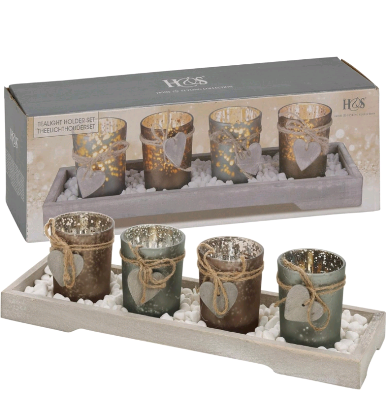 URBNLIVING Home Decor  3 Tea Light Holder With Wooden Tray