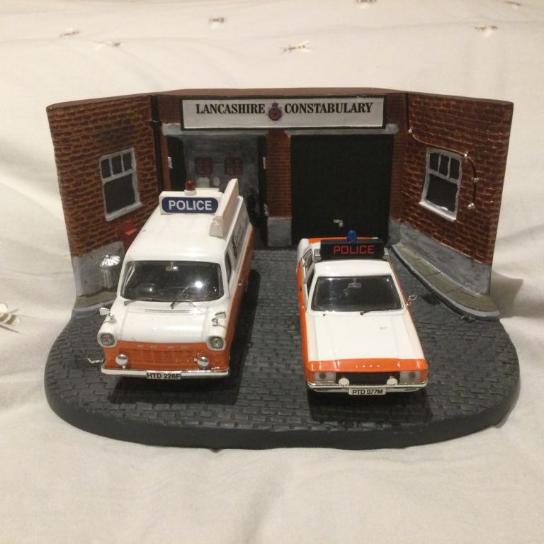 Vintage Lancashire Constabulary Accident Unit Toy Vehicles in diorama.