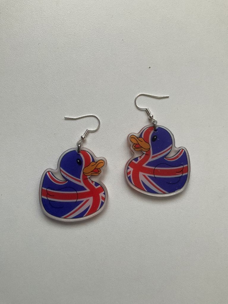 Union Jack Great Britain rubber duck style acrylic large earrings festival wear 