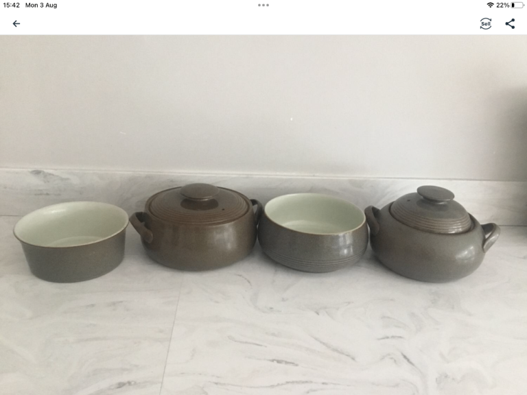 denby greystone- soufflé dish, large salad/ fruit bowl and 2 casseroles,.