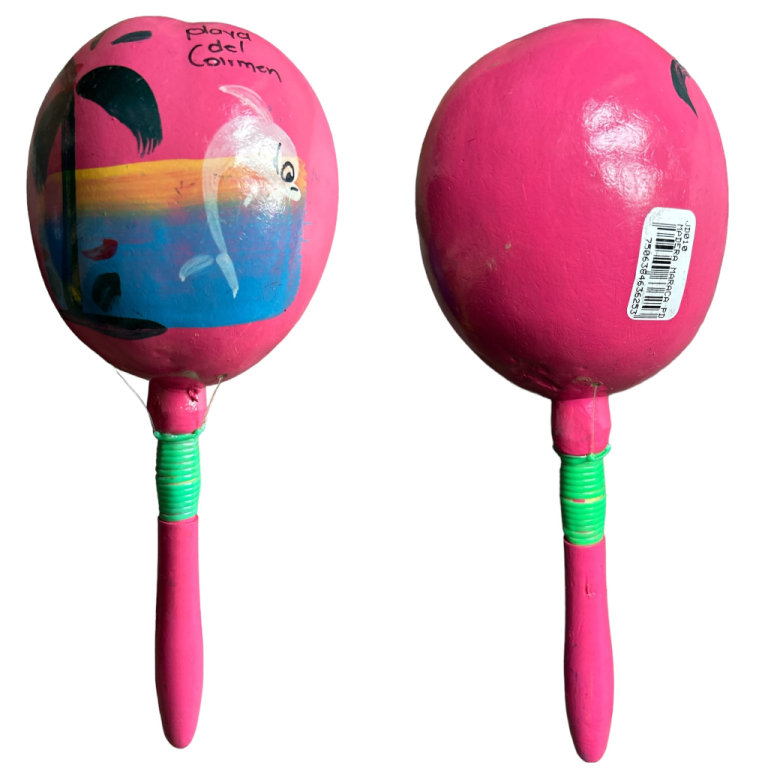 9” Pink Wood Maraca Colourful Wooden Tropical Party Percussion Shakers Playa Del Carmen