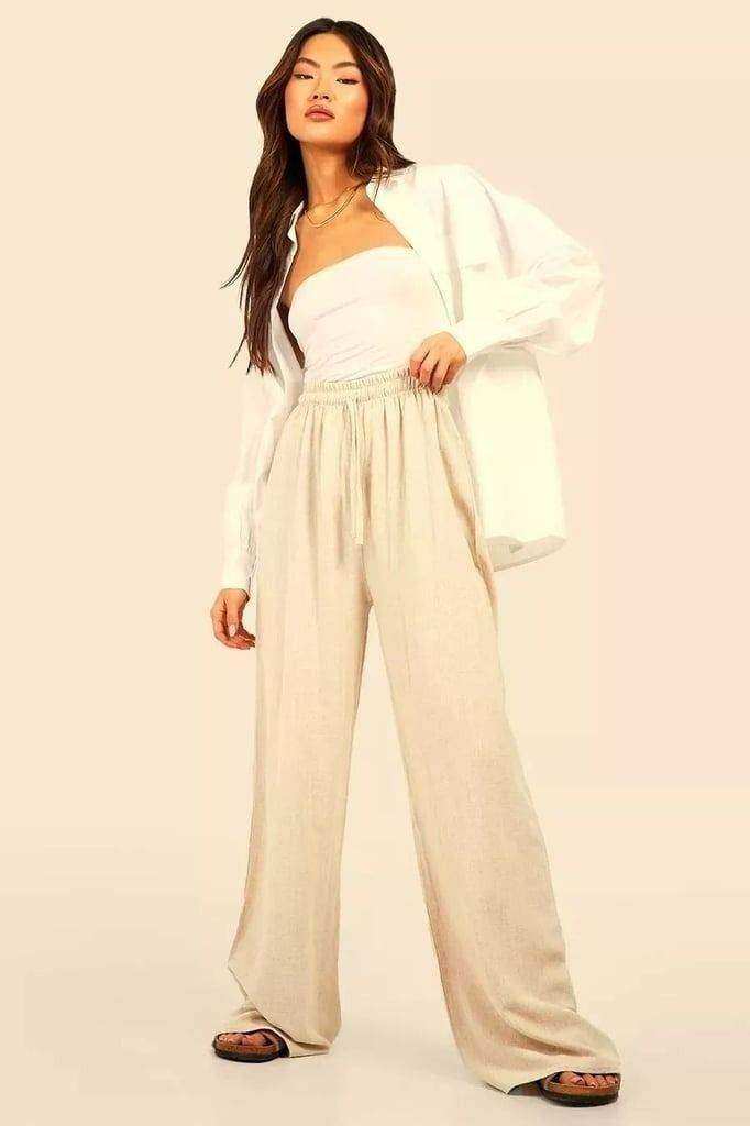image for Beige Cream Drawstring Ties Wide Leg Palazzo Trousers Pants.Size 8.POST OR COLLECT!