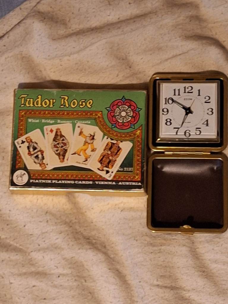 Vintage Tudor rose playing cards & econ pocket watch 