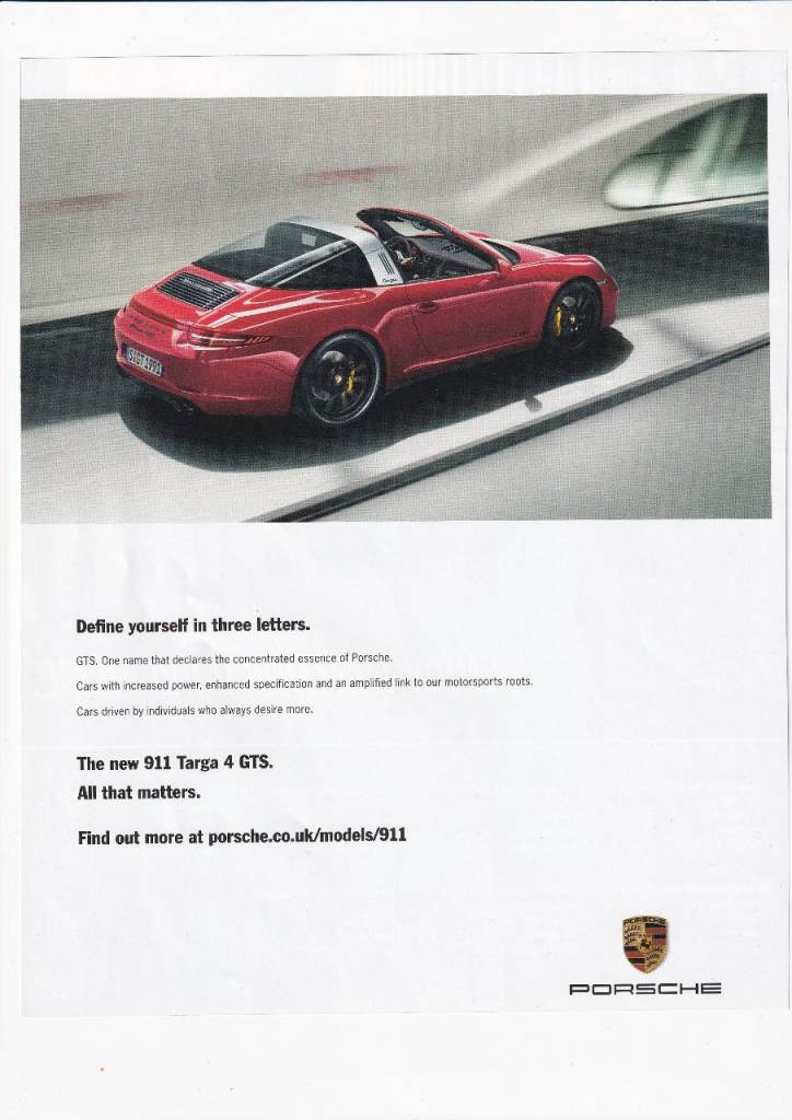36. A Rare Original Magazine Print Of A Porsche 911 Targa 4 GTS Car 