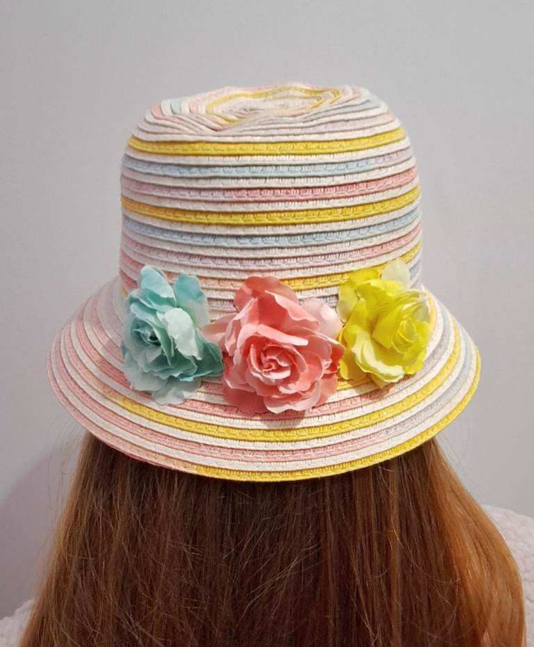 Girls rainbow straw sun hat with flower detail