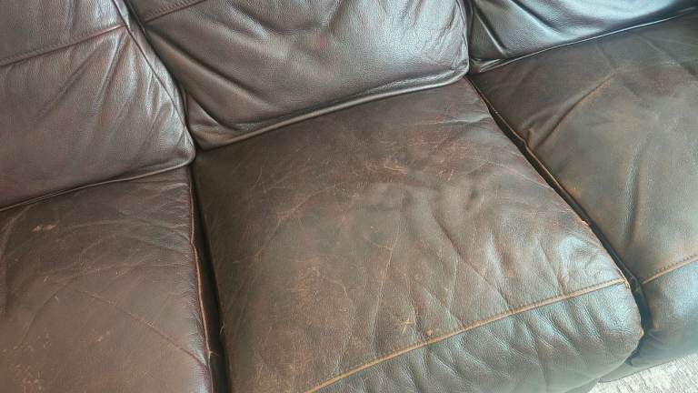 Brown Leather 3-Seater Sofa with Recliner – Fair Condition