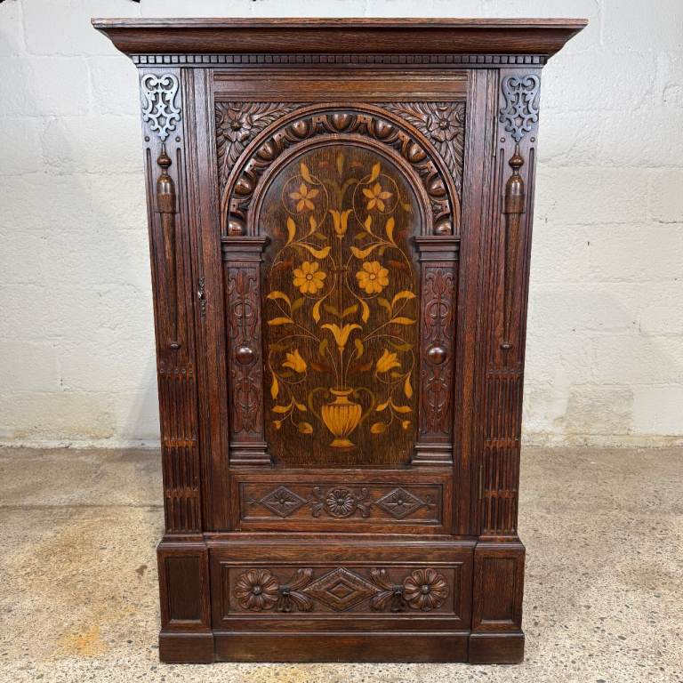 Antique Oak Collectors Cabinet Large 13 Drawer Specimen Cupboard Inlaid Front
