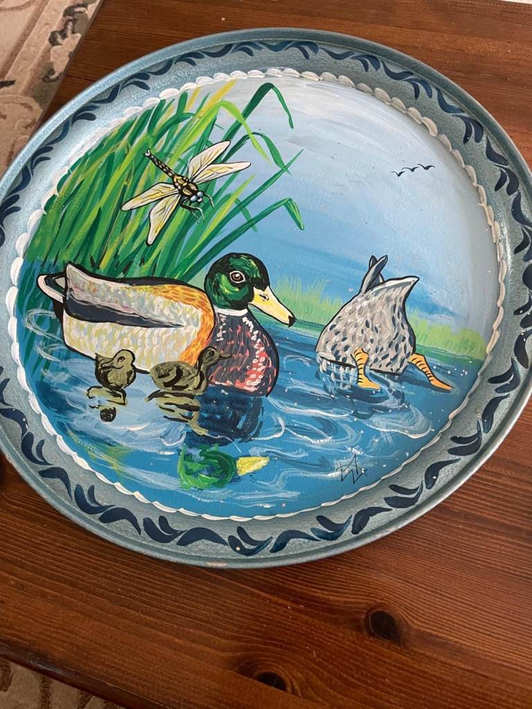 Decorative Round Metal Tray with Duck Pond Scene – Good Condition