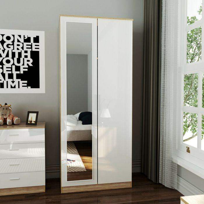 New 2 Door Mirror Wardrobe In White And Oak Finish Soft Close Hinged Doors RRP £185 Our Price £130