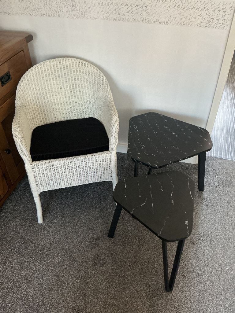 Pair of Black Marble Effect Console Tables – Good Condition and Lloyd loom chair. £38 for all