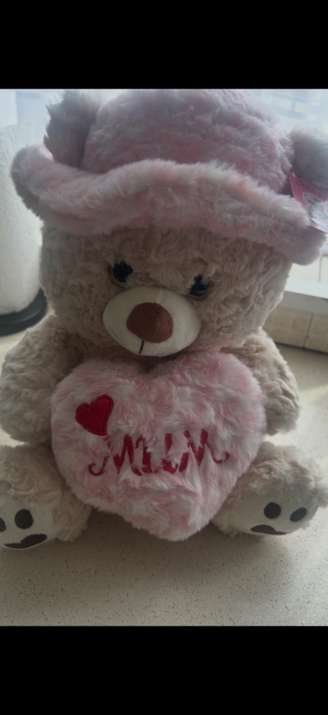 Cute Light Brown Teddy Bear with Pink Hat & 'Mum' Heart Cushion