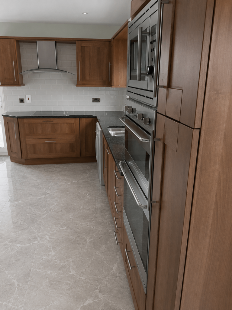 Fabulous shaker kitchen in walnut veneer with cream internals