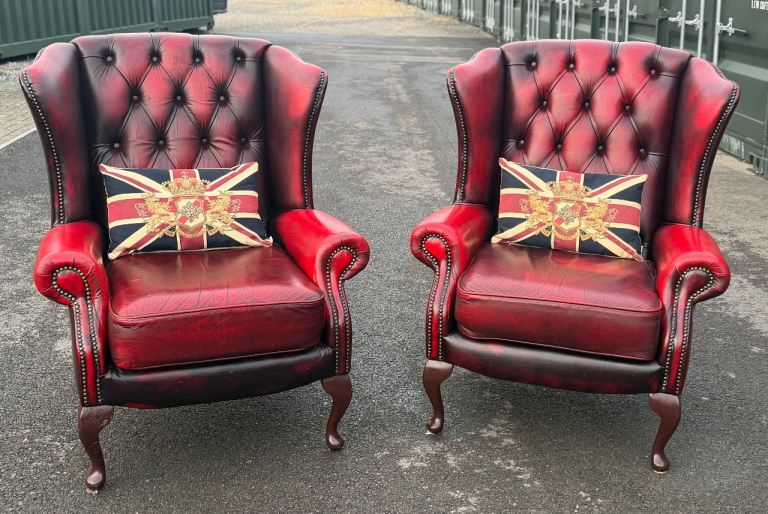 Pair of Vintage Leather Chesterfield Wingback Armchairs - Delivery Available 