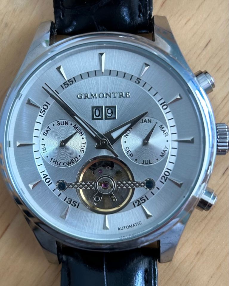 GRMONTRE Automatic Watch with Silver Dial and Black Leather Strap