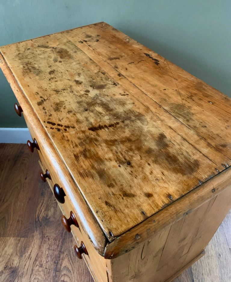 Antique Victorian Rustic Pine & Mahogany Bun Handle Chest of Drawers c1870