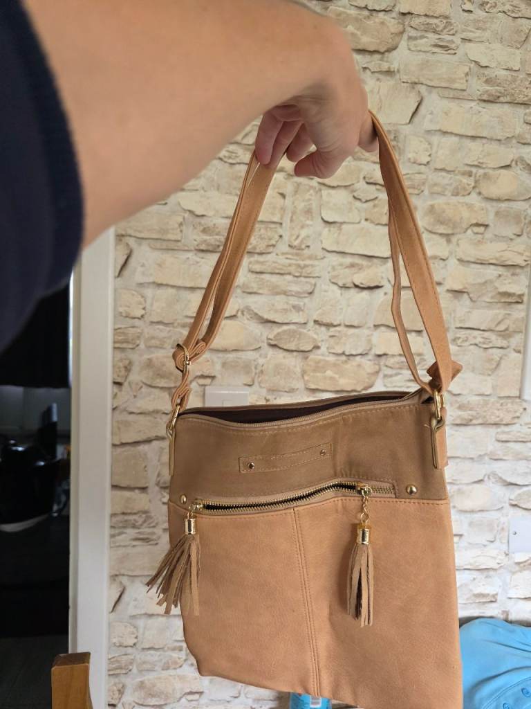 Set of 3 Women's Shoulder Bags – Tan Faux Suede, Red Fabric, Red Leather