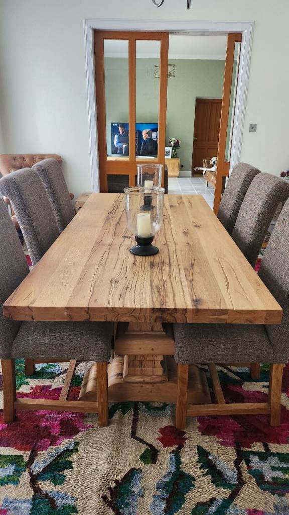 Solid Wood Dining Table with 6 Upholstered Chairs