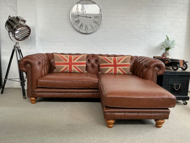 Saddle tan leather chaise loungue chesterfield sofa. Distinctive Chesterfields. Can deliver. 