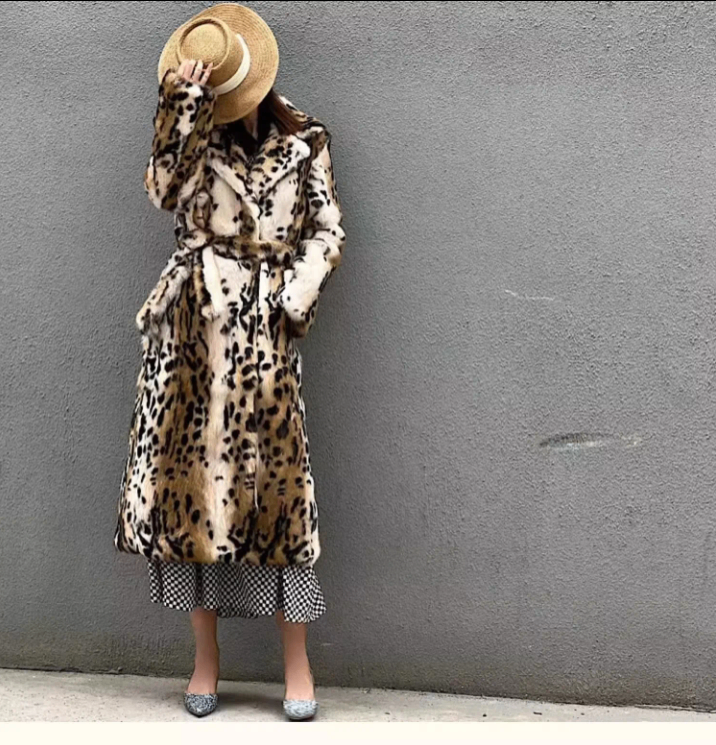 Women's Long Loose Winter Fashion Rabbit Fur Coat With Leopard Print Size Sx to XxxxL