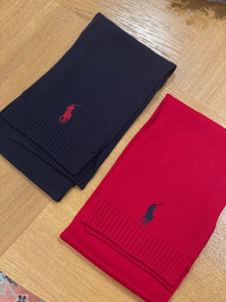 Ralph Lauren , set of 2 scarves , red and navy , unisex, hardly used, as good as new 
