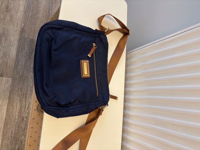 Navy Blue Fabric Shoulder Bag with Brown Strap – Good Condition