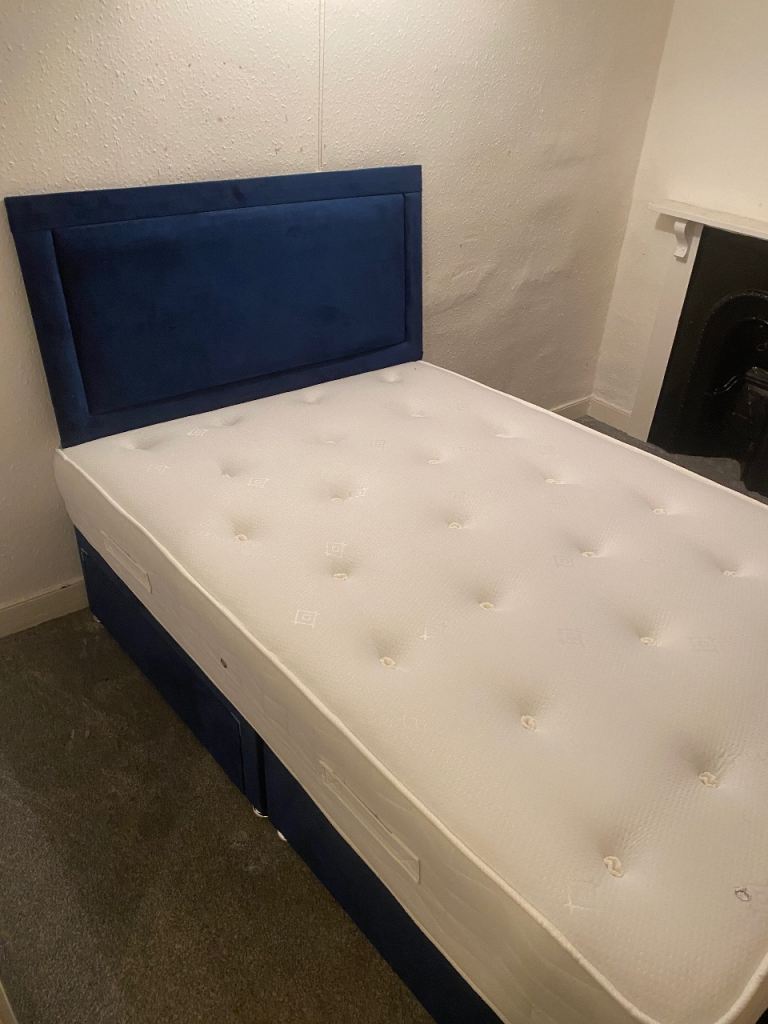 Small Double Divan Bed with Velvet Headboard and Mattress – Navy Blue