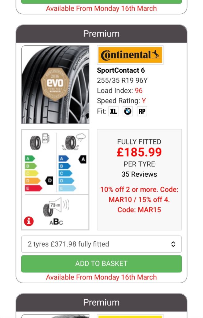 Continental contact sport 6 tyres 255/35 19