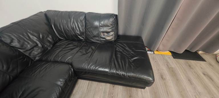 Real Leather Corner Sofa, 2 Seater + 1 Seater Black Leather Sofa