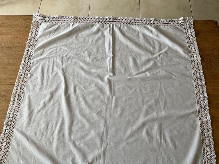 Vintage square white table cloth with lace surround