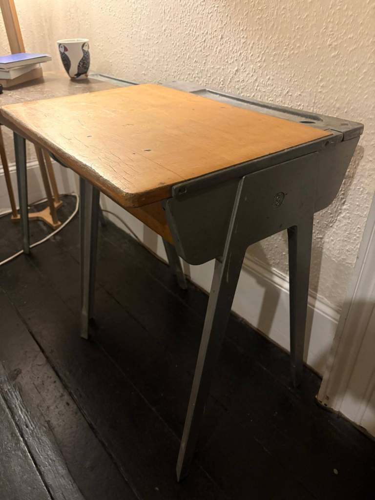 Vintage 1950s ESAVIAN school desk with hinged lid in light wood with metal frame
