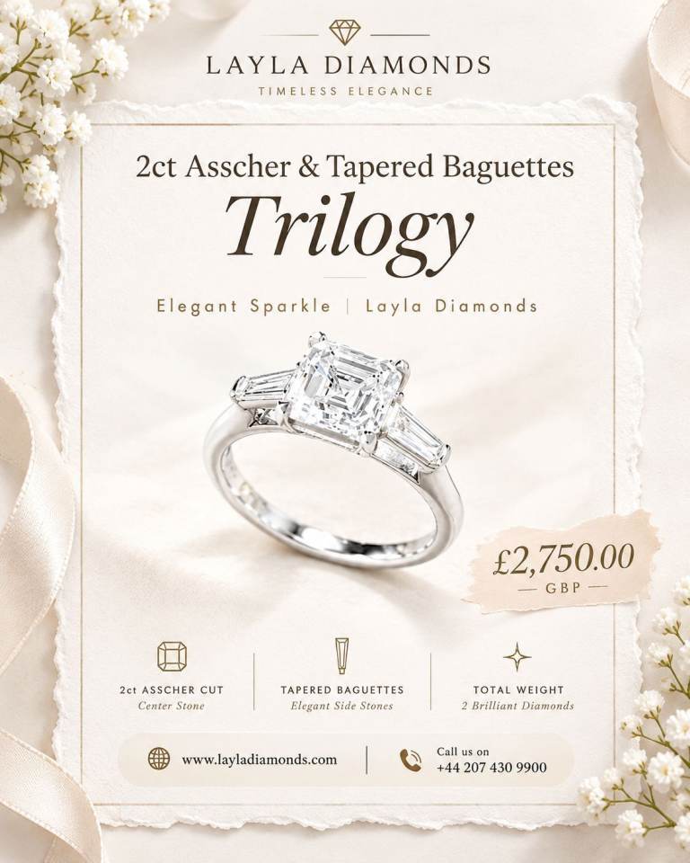 2ct Asscher & Tapered Baguettes Trilogy: Elegant Sparkle | Layla Diamonds