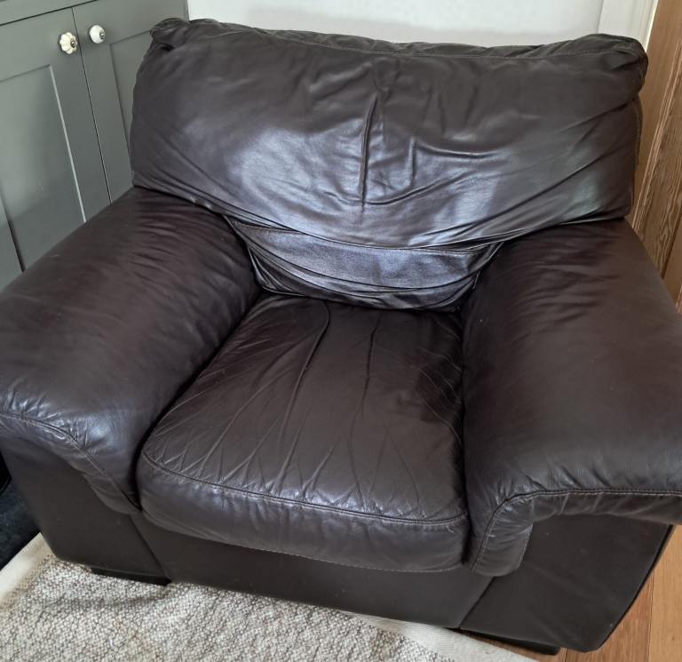 FREE _ Brown Leather Suite – 3 seater, armchair & pouffé