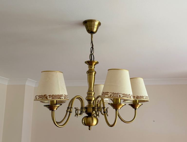 Two Ceiling Light Fittings - Antique Brass Effect with Fabric Shades - FREE