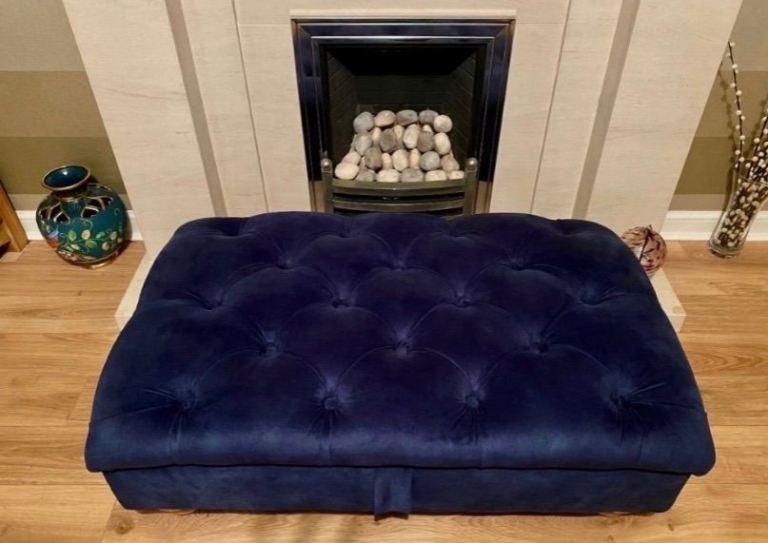 Lovely Blue Velvet Chesterfield Style Sofa with Storage Footstool